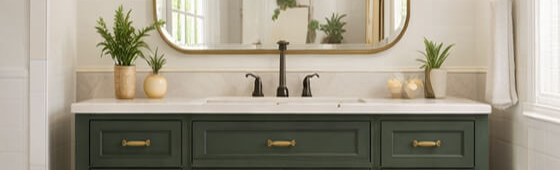 Green bathroom vanity with brass hardware