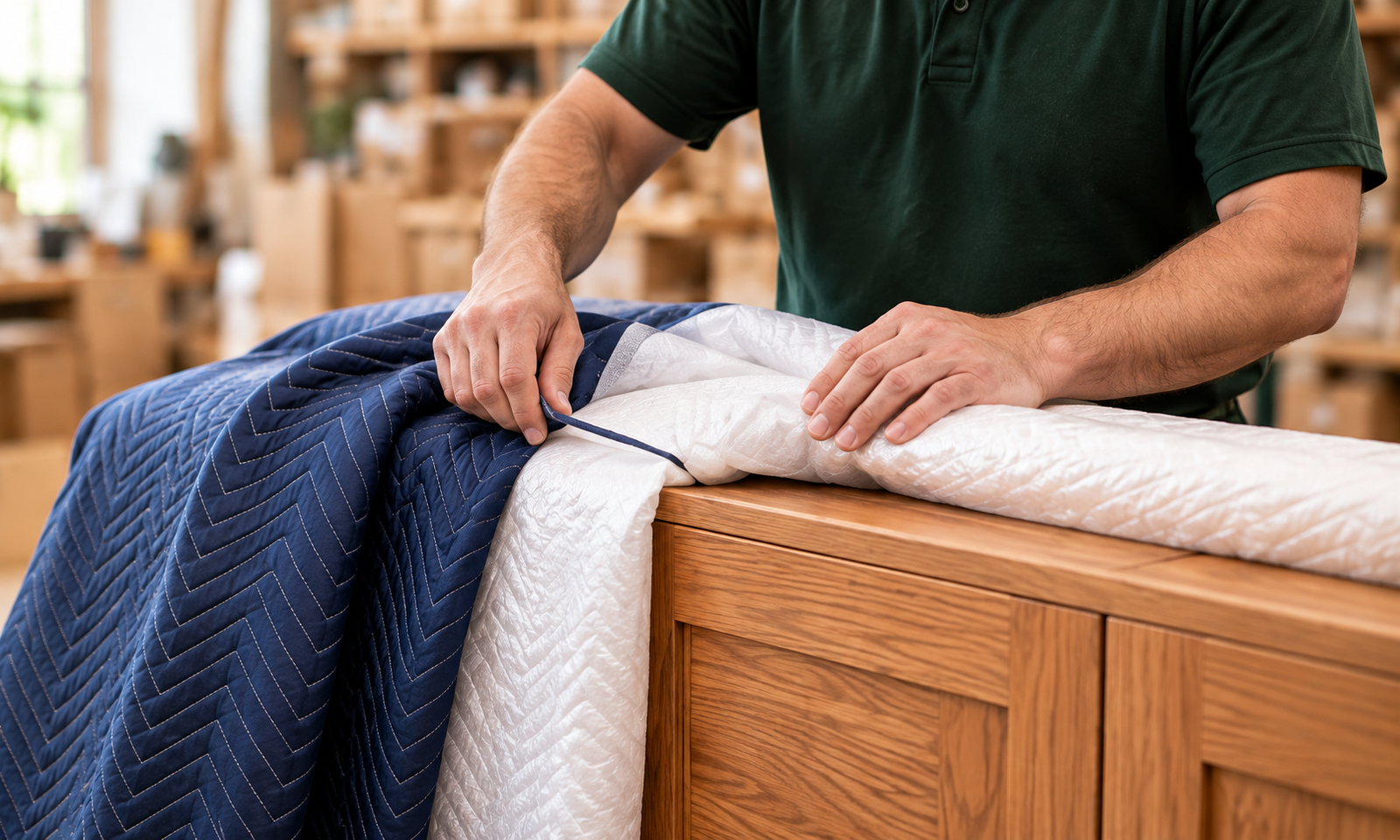 Delivery team member wrapping a wooden cabinet in moving blankets
