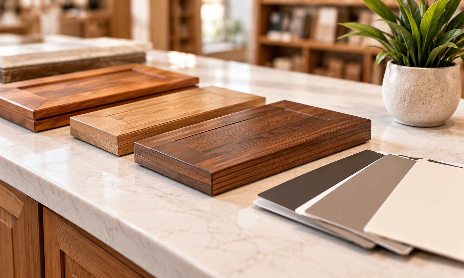 Wood finish, paint and upholstery samples on a countertop